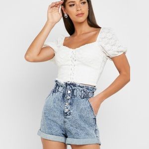 Topshop Light Blue Paperbag Waist Denim Jean Shorts